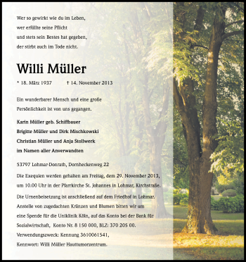 Anzeige von Willi Müller von Köln - Wir Trauern