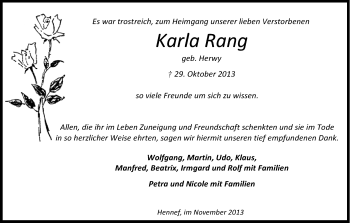 Anzeige von Karla Rang von Kölner Stadt-Anzeiger / Kölnische Rundschau / Express