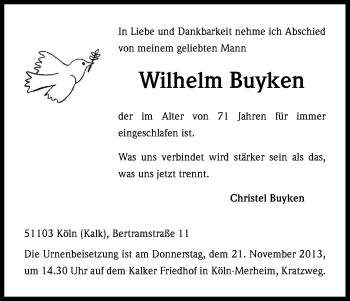 Anzeige von Wilhelm Buyken von Kölner Stadt-Anzeiger / Kölnische Rundschau / Express
