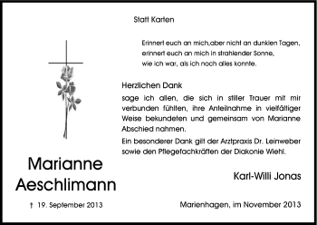 Anzeige von Marianne Aeschlimann von Kölner Stadt-Anzeiger / Kölnische Rundschau / Express