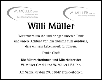 Anzeige von Willi Müller von Kölner Stadt-Anzeiger / Kölnische Rundschau / Express