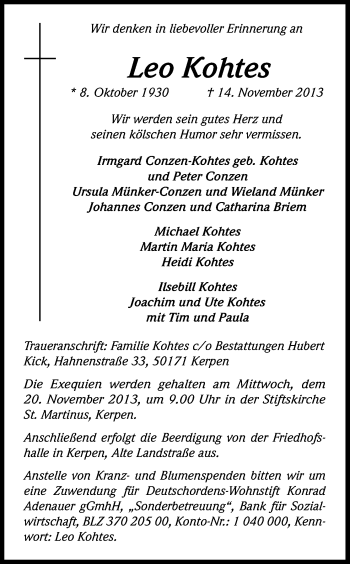 Anzeige von Leo Kohtes von Kölner Stadt-Anzeiger / Kölnische Rundschau / Express