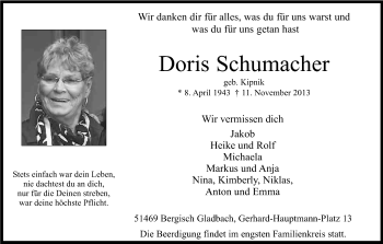 Anzeige von Doris Schumacher von Kölner Stadt-Anzeiger / Kölnische Rundschau / Express