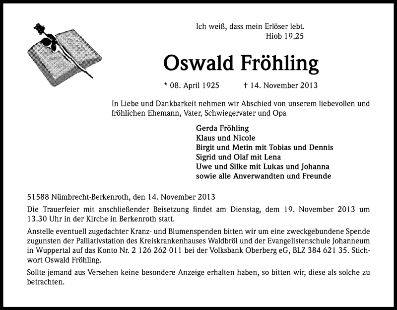  Traueranzeige für Oswald Fröhling vom 16.11.2013 aus Kölner Stadt-Anzeiger / Kölnische Rundschau / Express