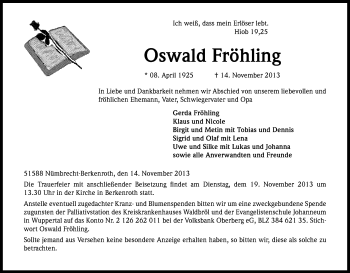 Anzeige von Oswald Fröhling von Kölner Stadt-Anzeiger / Kölnische Rundschau / Express