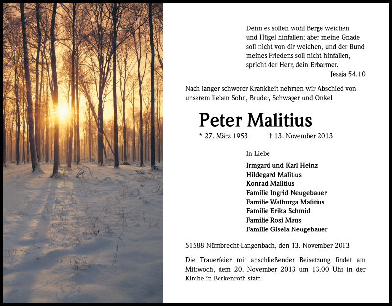  Traueranzeige für Peter Malitius vom 16.11.2013 aus Kölner Stadt-Anzeiger / Kölnische Rundschau / Express