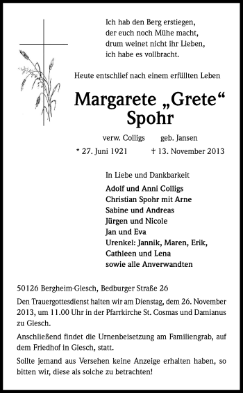 Anzeige von Magarete Spohr von Kölner Stadt-Anzeiger / Kölnische Rundschau / Express