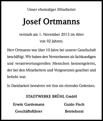 Anzeige von Josef Ortmanns von Kölner Stadt-Anzeiger / Kölnische Rundschau / Express
