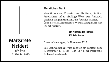 Anzeige von Margarete Neidert von Kölner Stadt-Anzeiger / Kölnische Rundschau / Express
