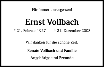 Anzeige von Ernst Vollbach von Kölner Stadt-Anzeiger / Kölnische Rundschau / Express