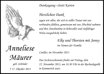 Anzeige von Anneliese Mäurer von Kölner Stadt-Anzeiger / Kölnische Rundschau / Express