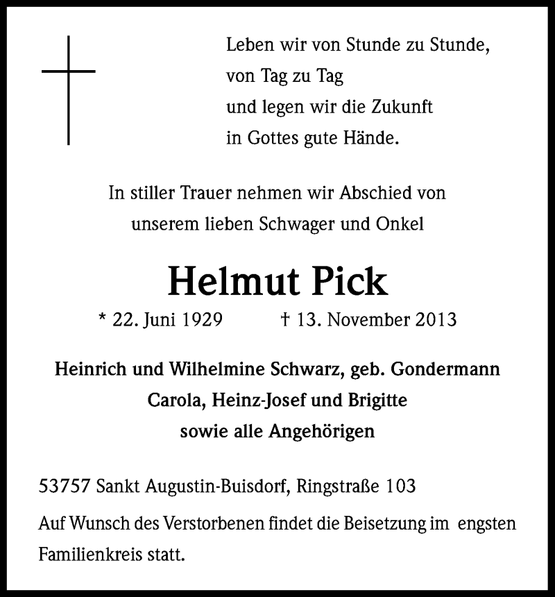  Traueranzeige für Helmut Pick vom 16.11.2013 aus Kölner Stadt-Anzeiger / Kölnische Rundschau / Express