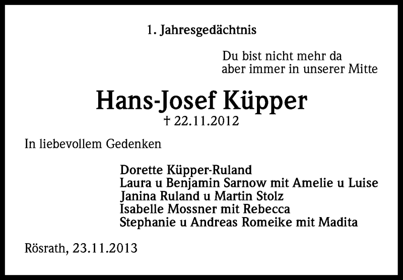  Traueranzeige für Hans-Josef Küpper vom 23.11.2013 aus Kölner Stadt-Anzeiger / Kölnische Rundschau / Express