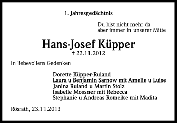 Anzeige von Hans-Josef Küpper von Kölner Stadt-Anzeiger / Kölnische Rundschau / Express