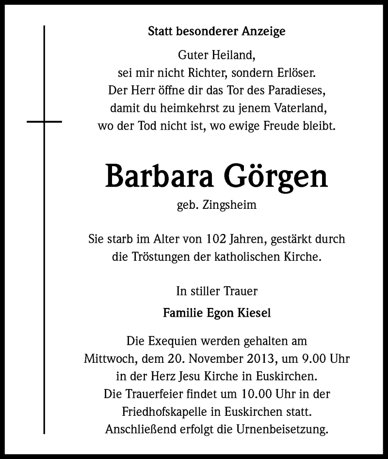  Traueranzeige für Barbara Görgen vom 18.11.2013 aus Kölner Stadt-Anzeiger / Kölnische Rundschau / Express