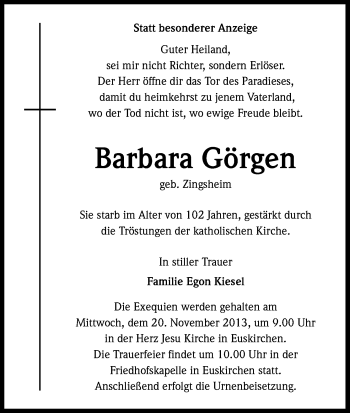 Anzeige von Barbara Görgen von Kölner Stadt-Anzeiger / Kölnische Rundschau / Express