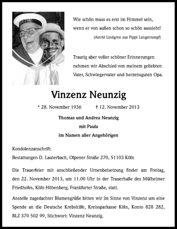 Anzeige von Vinzenz Neunzig von Kölner Stadt-Anzeiger / Kölnische Rundschau / Express