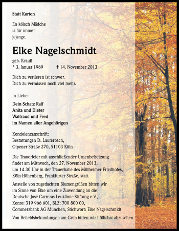 Anzeige von Elke Nagelschmidt von Kölner Stadt-Anzeiger / Kölnische Rundschau / Express