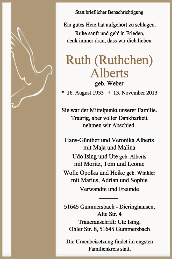  Traueranzeige für Ruth Alberts vom 18.11.2013 aus Kölner Stadt-Anzeiger / Kölnische Rundschau / Express