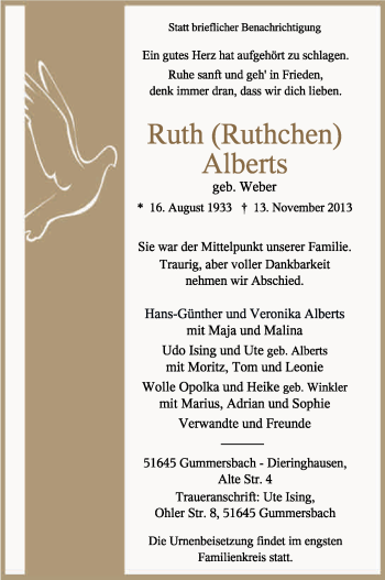 Anzeige von Ruth Alberts von Kölner Stadt-Anzeiger / Kölnische Rundschau / Express