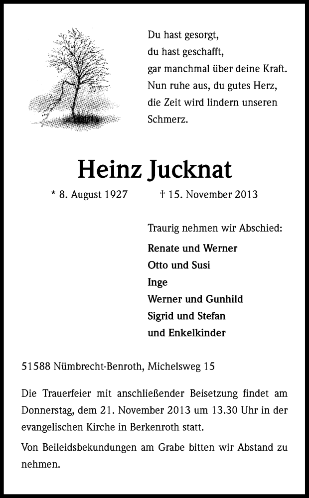  Traueranzeige für Heinz Jucknat vom 18.11.2013 aus Kölner Stadt-Anzeiger / Kölnische Rundschau / Express