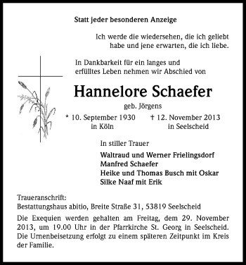 Anzeige von Hannelore Schaefer von Kölner Stadt-Anzeiger / Kölnische Rundschau / Express