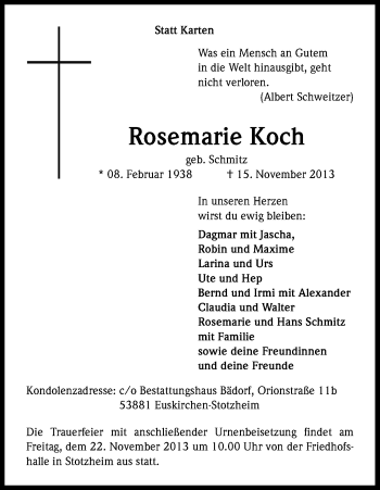 Anzeige von Rosemarie Koch von Kölner Stadt-Anzeiger / Kölnische Rundschau / Express