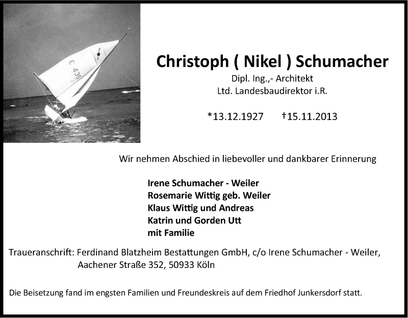 Traueranzeige für Christoph Schumacher vom 30.11.2013 aus Kölner Stadt-Anzeiger / Kölnische Rundschau / Express