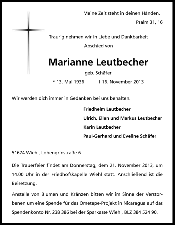 Anzeige von Marianne Leutbecher von Kölner Stadt-Anzeiger / Kölnische Rundschau / Express