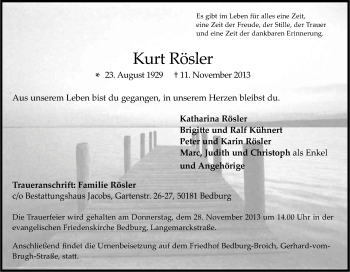 Anzeige von Kurt Rösler von Kölner Stadt-Anzeiger / Kölnische Rundschau / Express