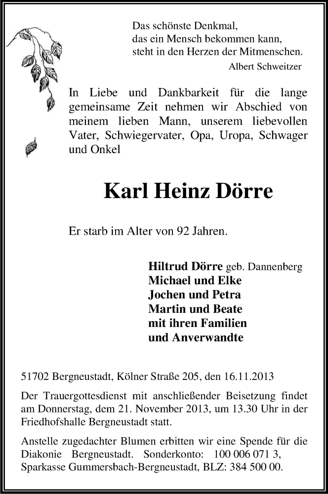  Traueranzeige für Karl Heinz Dörre vom 19.11.2013 aus Kölner Stadt-Anzeiger / Kölnische Rundschau / Express