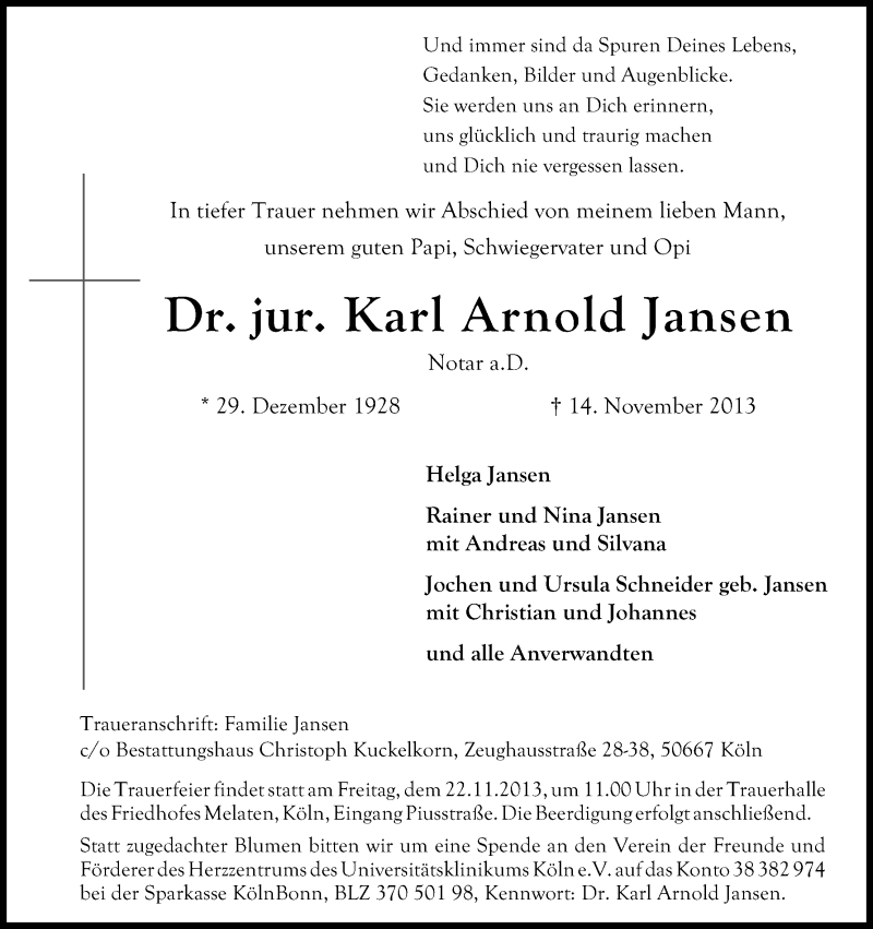  Traueranzeige für Karl Arnold Jansen vom 20.11.2013 aus Kölner Stadt-Anzeiger / Kölnische Rundschau / Express