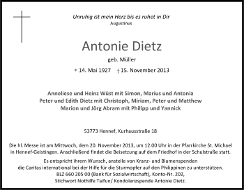Anzeige von Antonie Dietz von Kölner Stadt-Anzeiger / Kölnische Rundschau / Express