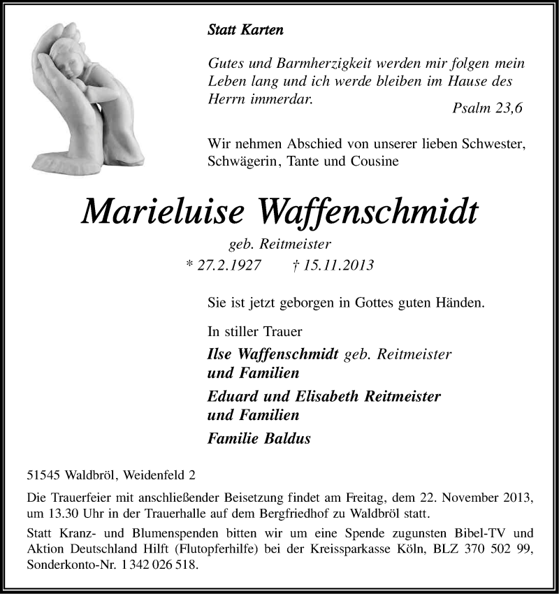  Traueranzeige für Marieluise Waffenschmidt vom 19.11.2013 aus Kölner Stadt-Anzeiger / Kölnische Rundschau / Express