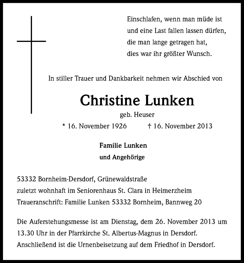  Traueranzeige für Christine Lunken vom 23.11.2013 aus Kölner Stadt-Anzeiger / Kölnische Rundschau / Express