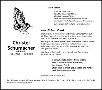 Anzeige von Christel Schumacher von Kölner Stadt-Anzeiger / Kölnische Rundschau / Express