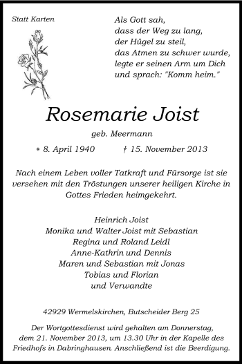 Anzeige von Rosemarie Joist von Kölner Stadt-Anzeiger / Kölnische Rundschau / Express