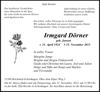 Anzeige von Irmgard Dörner von Kölner Stadt-Anzeiger / Kölnische Rundschau / Express