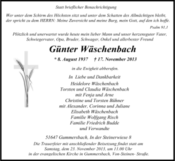 Anzeige von Günter Wäschenbach von Kölner Stadt-Anzeiger / Kölnische Rundschau / Express
