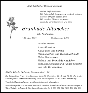 Anzeige von Brunhilde Altwicker von Kölner Stadt-Anzeiger / Kölnische Rundschau / Express