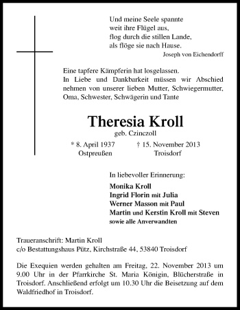 Anzeige von Theresia Kroll von Kölner Stadt-Anzeiger / Kölnische Rundschau / Express
