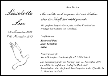 Anzeige von Lieselotte Lux von Kölner Stadt-Anzeiger / Kölnische Rundschau / Express
