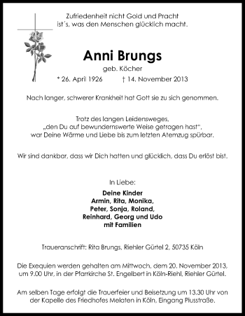 Anzeige von Anni Brungs von Kölner Stadt-Anzeiger / Kölnische Rundschau / Express