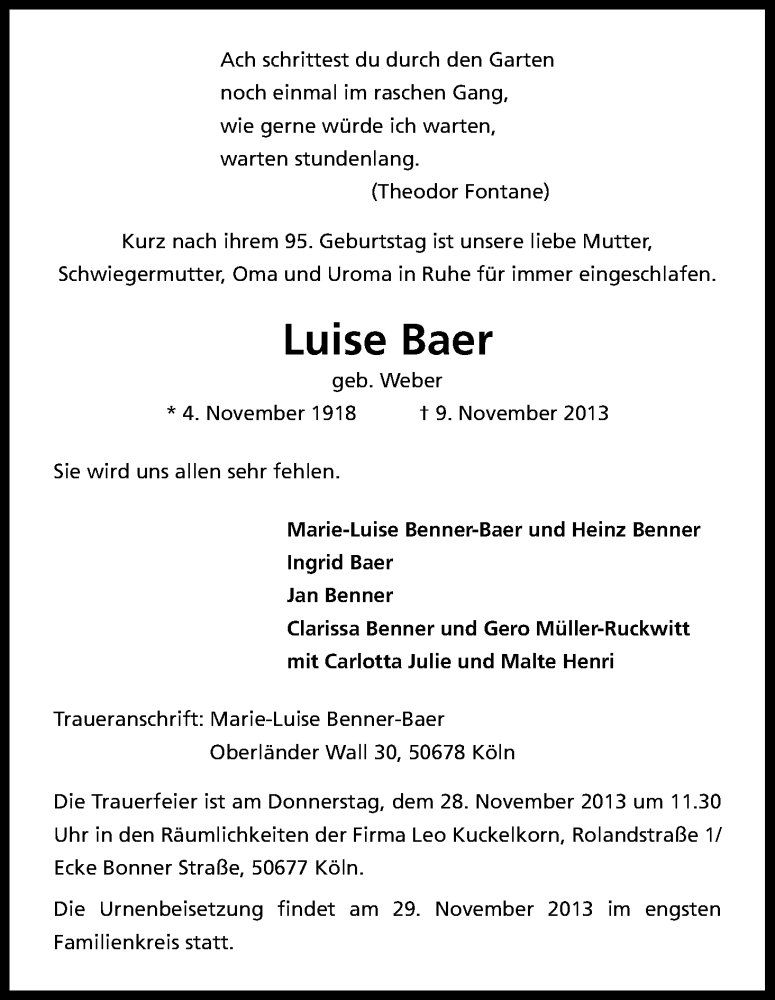  Traueranzeige für Luise Baer vom 23.11.2013 aus Kölner Stadt-Anzeiger / Kölnische Rundschau / Express