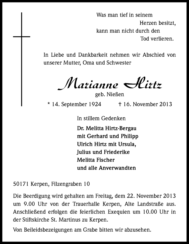  Traueranzeige für Marianne Hirtz vom 19.11.2013 aus Kölner Stadt-Anzeiger / Kölnische Rundschau / Express