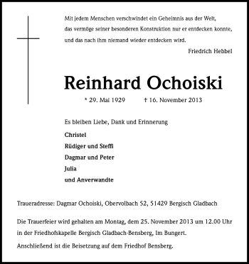 Anzeige von Reinhard Ochoiski von Kölner Stadt-Anzeiger / Kölnische Rundschau / Express
