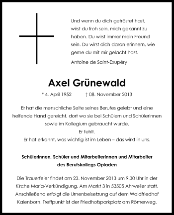 Anzeige von Axel Grünewald von Kölner Stadt-Anzeiger / Kölnische Rundschau / Express