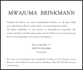 Anzeige von Nwajuma Brinkmann von Kölner Stadt-Anzeiger / Kölnische Rundschau / Express