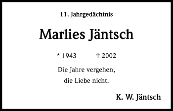 Anzeige von Marlies Jäntsch von Kölner Stadt-Anzeiger / Kölnische Rundschau / Express