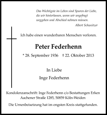 Anzeige von Peter Federhenn von Kölner Stadt-Anzeiger / Kölnische Rundschau / Express